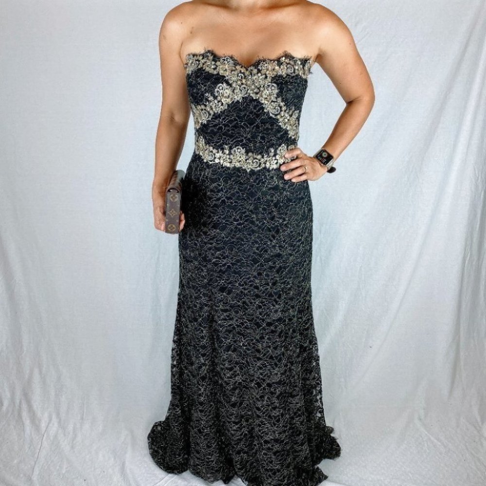 Marchesa Notte Gilded Gold Strapless Gown $1395 - Picture 2 of 10